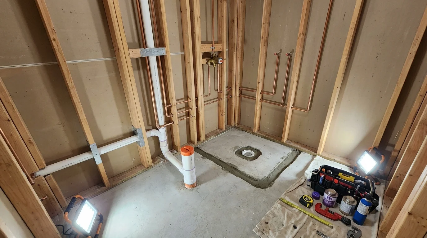 Bathroom rough-in plumbing during remodel by Johns Plumbing LLC in North Webster