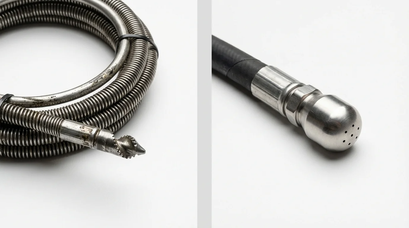 Drain snake cable and hydro jetting nozzle used for drain cleaning in North Webster, IN