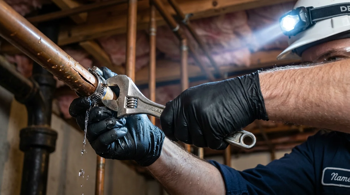 Emergency pipe clamp repair being performed by a Johns Plumbing LLC plumber in North Webster