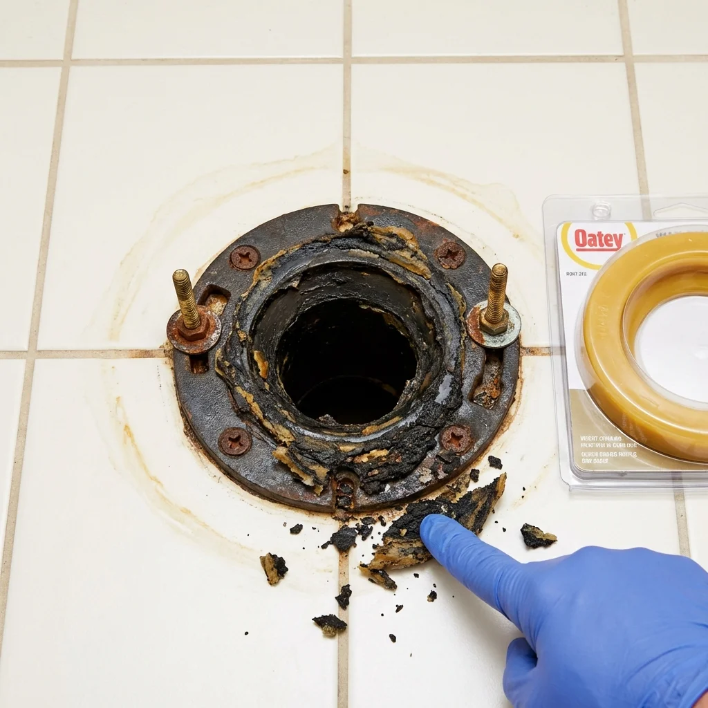 Failed wax ring showing water seepage at the base of a toilet in a North Webster, IN home