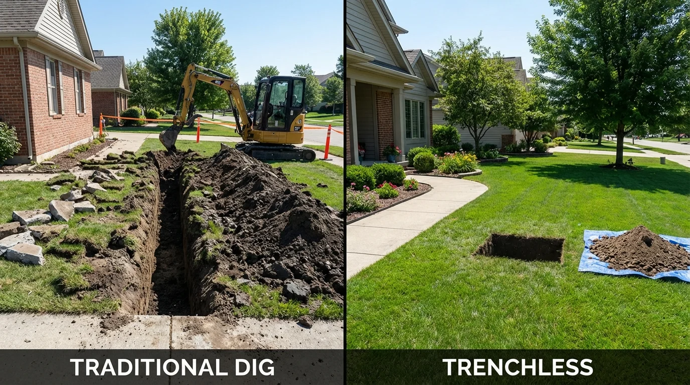 Trenchless sewer repair with minimal yard damage versus traditional excavation in North Webster, IN