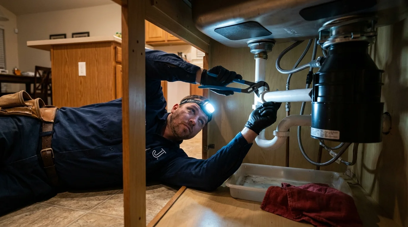 P-trap and supply line connections under a kitchen sink showing a common leak point in North Webster, IN
